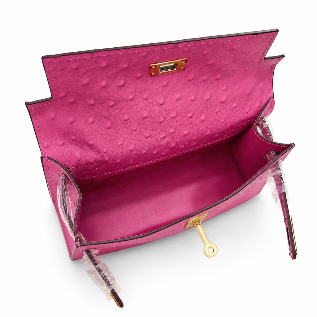 Mini Kelly Sellier 22cm Rose Tyrien Ostrich Leather Gold Hardware — Elegant Compact Carry Style