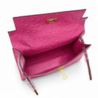 Mini Kelly Sellier 22cm Rose Tyrien Ostrich Leather Gold Hardware — Elegant Compact Carry Style