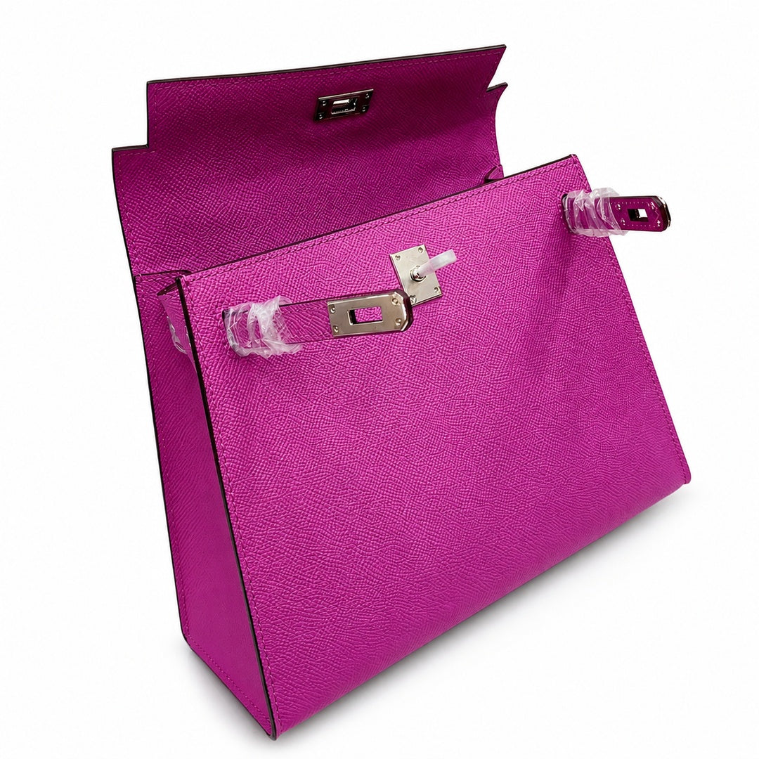 Kelly Sellier 25cm & 28cm Rose Pourpre Epsom Leather Gold Hardware & Palladium Hardware — Classic Hand-Carry Silhouette