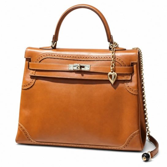Kelly Sellier Ghillies 28cm Natural Sable Barenia Leather Gold Hardware — Streamlined Top-Handle Handbag