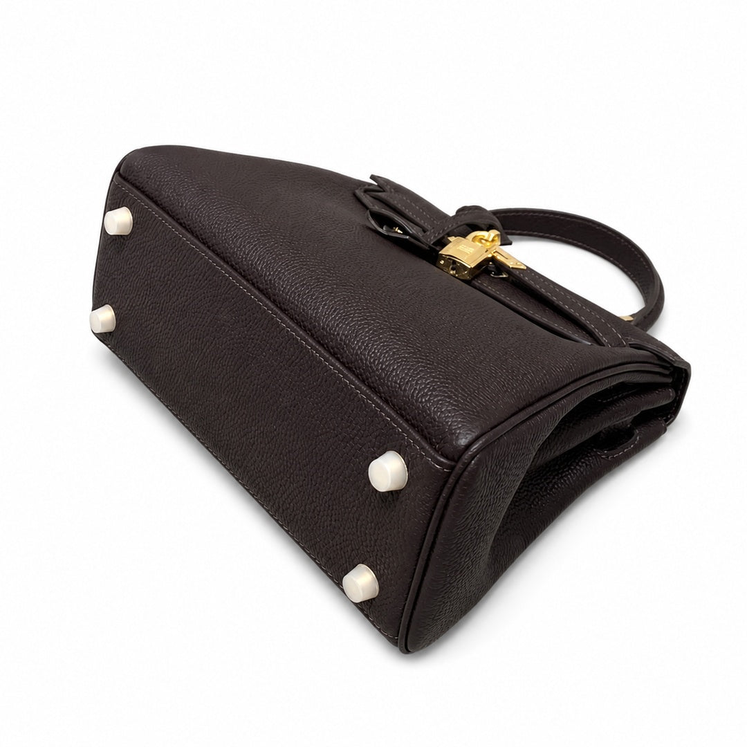 Kelly Sellier 20cm & 25cm & 28cm Marron Foncé Togo Leather Gold Hardware — Structured Top-Handle Handbag