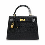 Kelly Sellier 25cm Noir Black Ostrich Gold Hardware Designer Shoulder Tote — Versatile Structured Bag