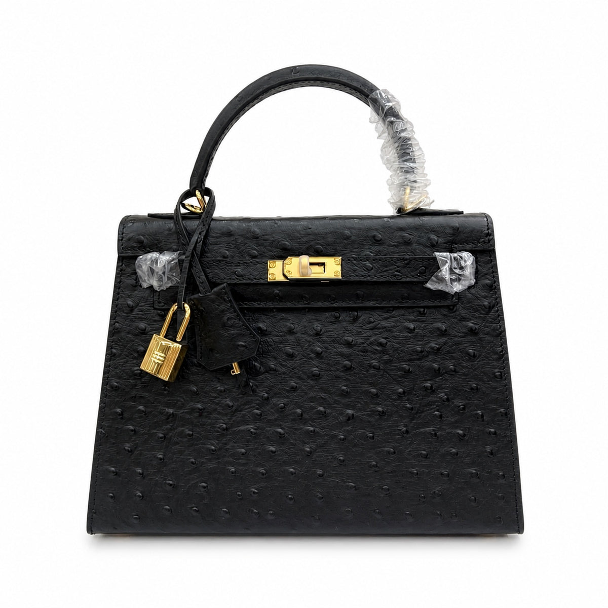 Kelly Sellier 25cm Noir Black Ostrich Gold Hardware Designer Shoulder Tote — Versatile Structured Bag