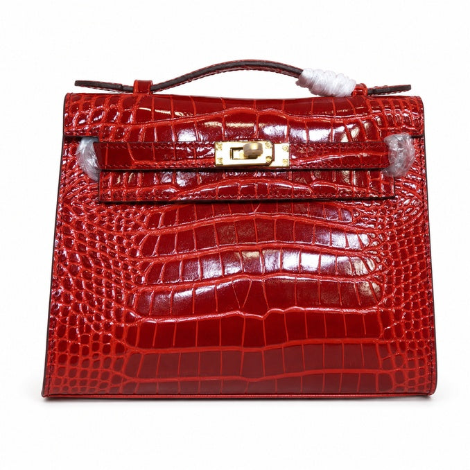 Kelly Pochette Rouge Casa Shiny Niloticus Crocodile Leather Gold Hardware Women Clutch Bag — Elegant Petite Clutch