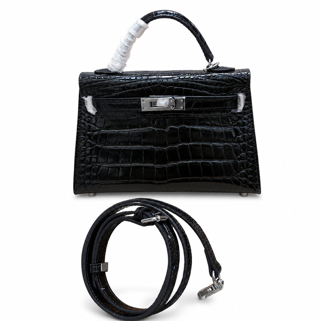Kelly Sellier 19cm Noir Shiny Crocodile Leather Gold Hardware & Palladium Hardware — Sophisticated Carry Design
