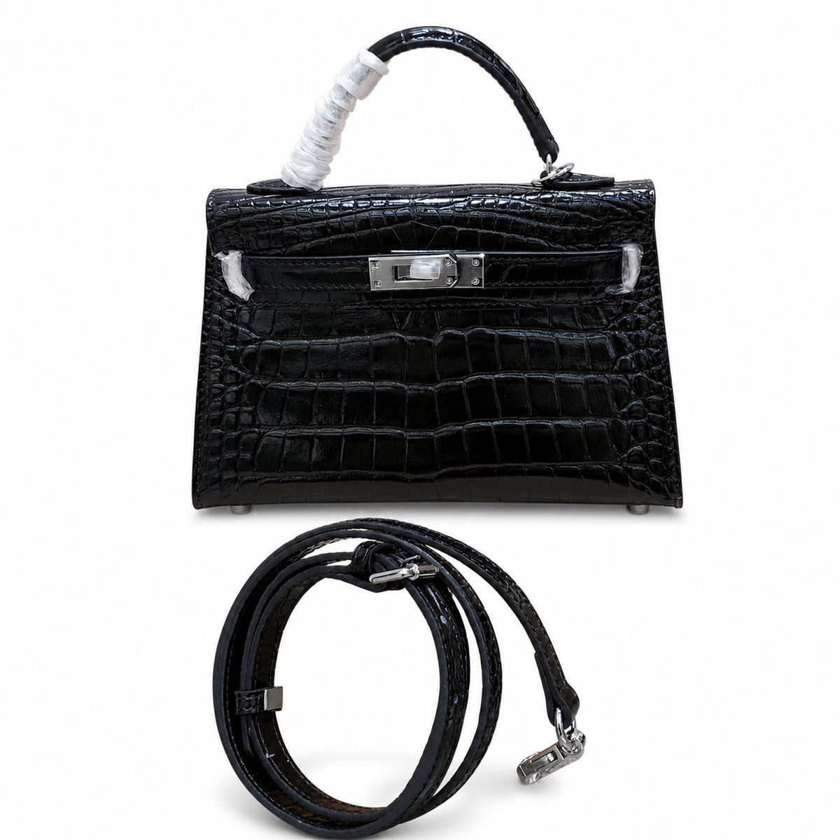 Kelly Sellier 19cm Noir Shiny Crocodile Leather Gold Hardware & Palladium Hardware — Sophisticated Carry Design
