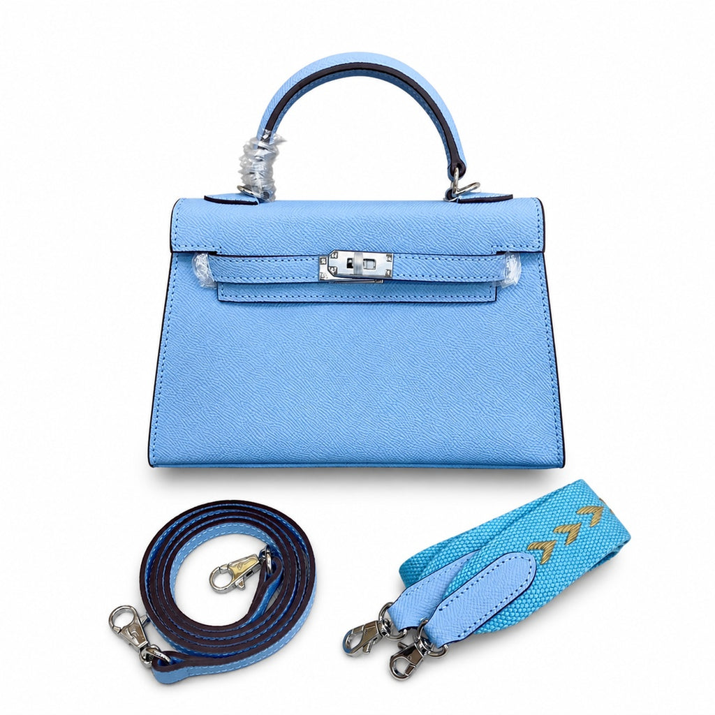 Mini Kelly II Sellier 19cm & 22cm Bleu Brume Epsom Leather Palladium Hardware — Elegant Compact Carry Style