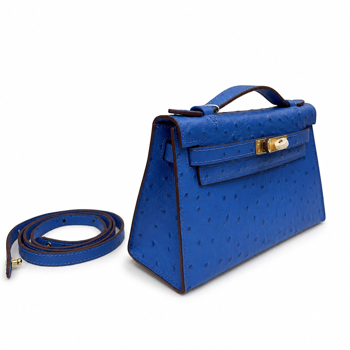 Mini Kelly Sellier 22cm Bleu Electrique Ostrich Leather Gold Hardware — Distinctive Petite Bag