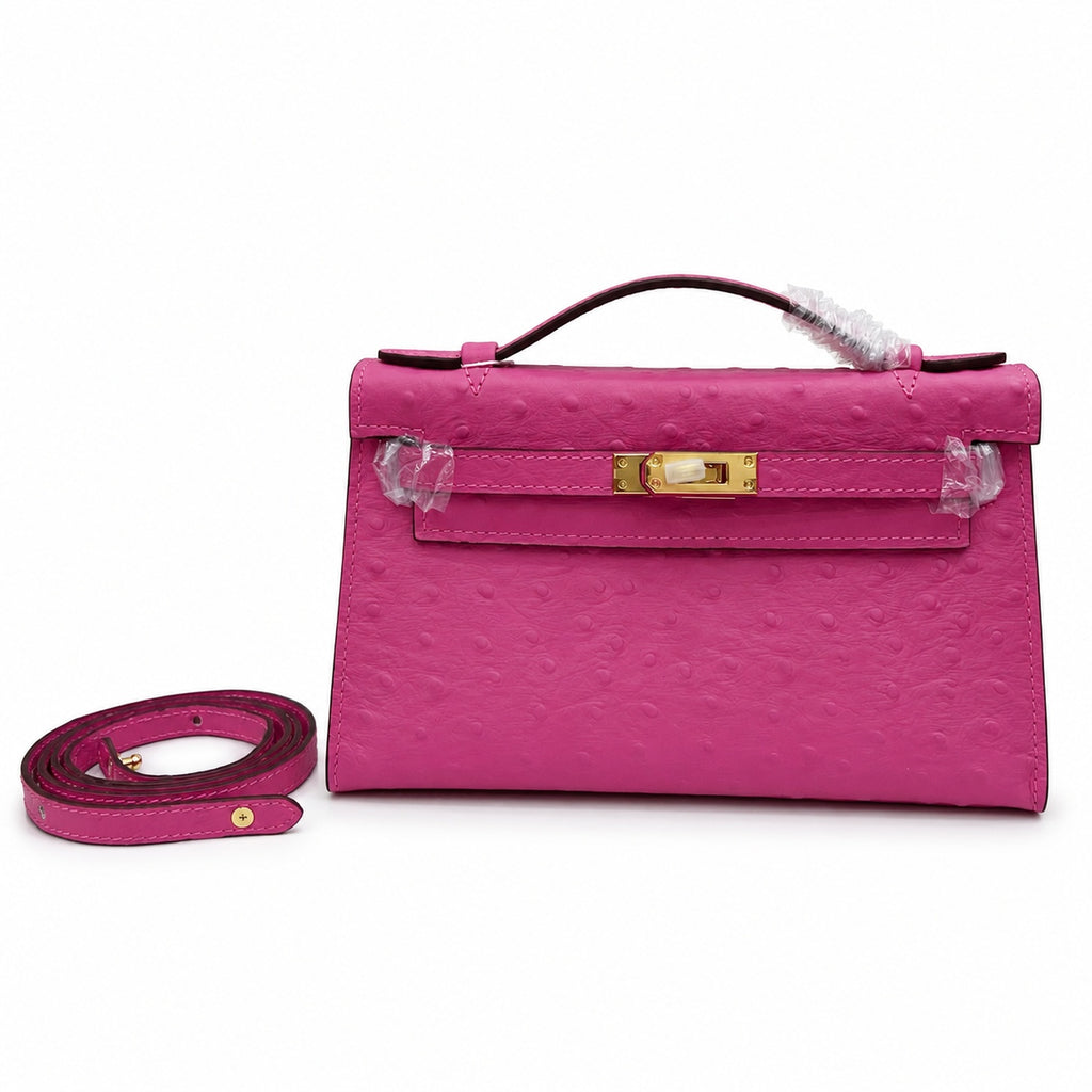 Mini Kelly Sellier 22cm Rose Tyrien Ostrich Leather Gold Hardware — Elegant Compact Carry Style
