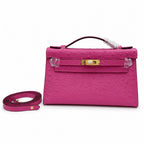 Mini Kelly Sellier 22cm Rose Tyrien Ostrich Leather Gold Hardware — Elegant Compact Carry Style