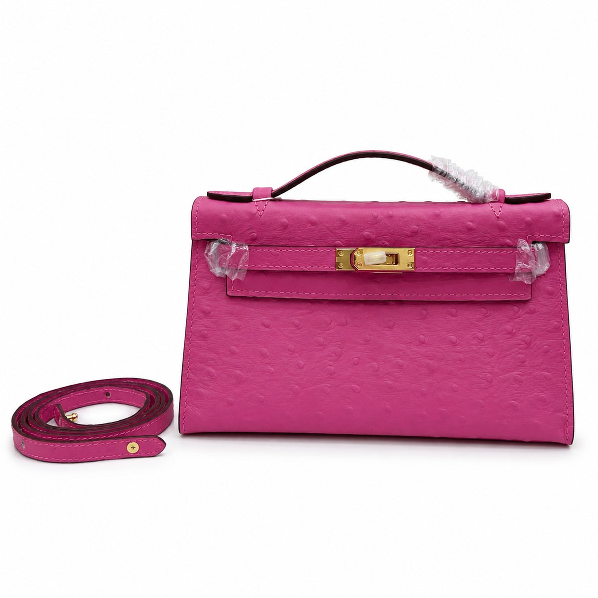 Mini Kelly Sellier 22cm Rose Tyrien Ostrich Leather Gold Hardware — Elegant Compact Carry Style