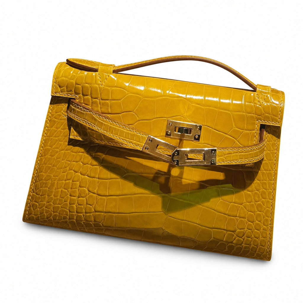 Kelly Pochette Jaune Ambre Shiny Niloticus Crocodile Leather Palladium Hardware Women Clutch Bag — Compact Pochette Clutch