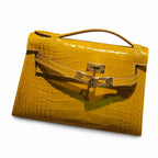 Kelly Pochette Jaune Ambre Shiny Niloticus Crocodile Leather Palladium Hardware Women Clutch Bag — Compact Pochette Clutch