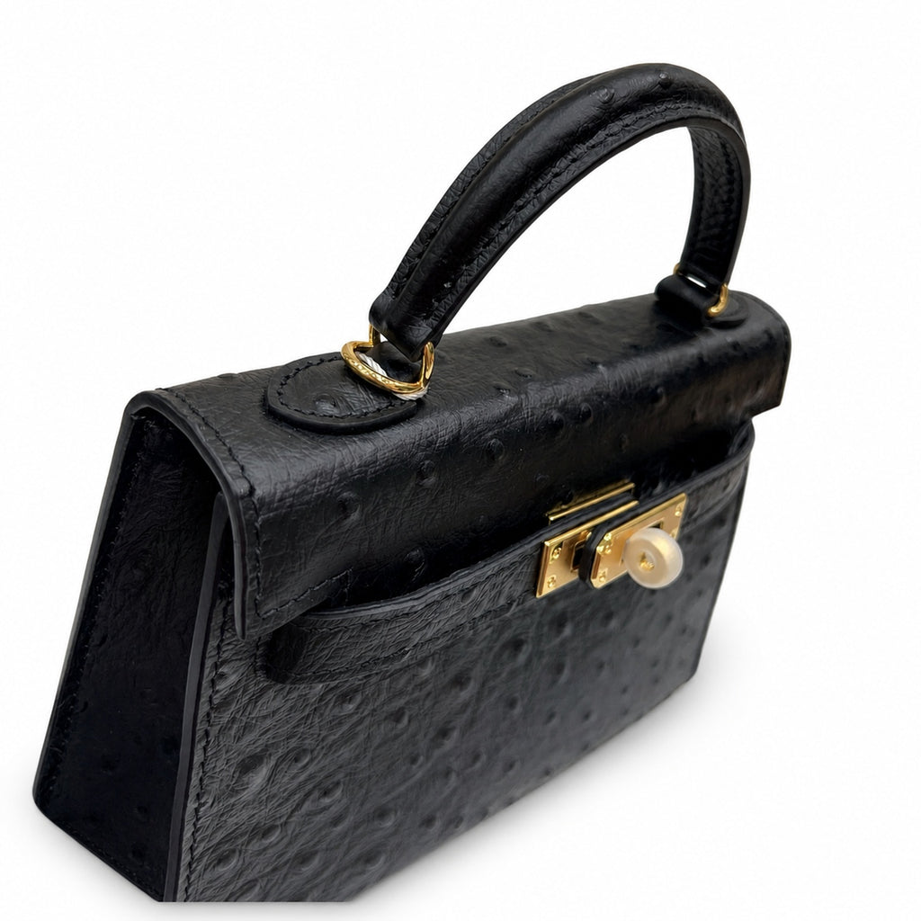 Mini Kelly Sellier 19cm Noir Ostrich Leather Gold Hardware — Sophisticated Small-Scale Bag