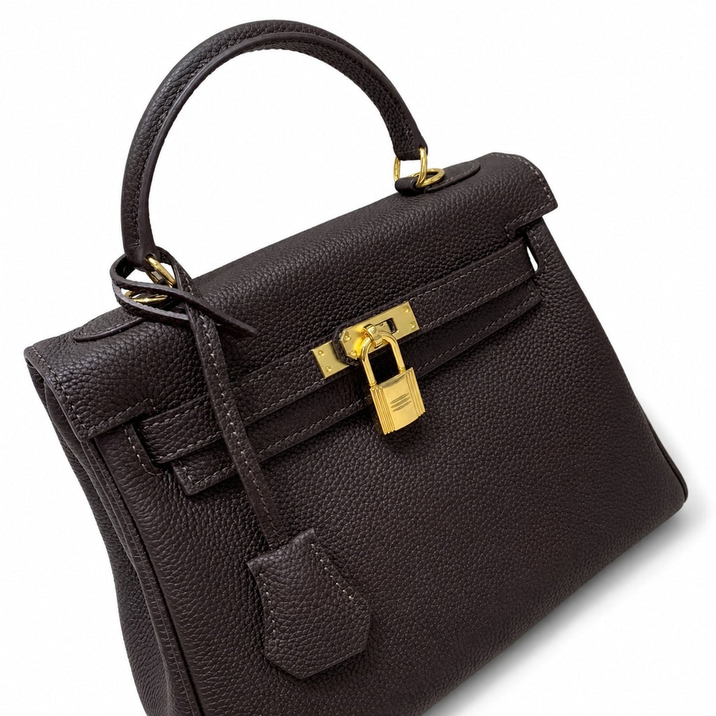 Kelly Sellier 20cm & 25cm & 28cm Marron Foncé Togo Leather Gold Hardware — Structured Top-Handle Handbag