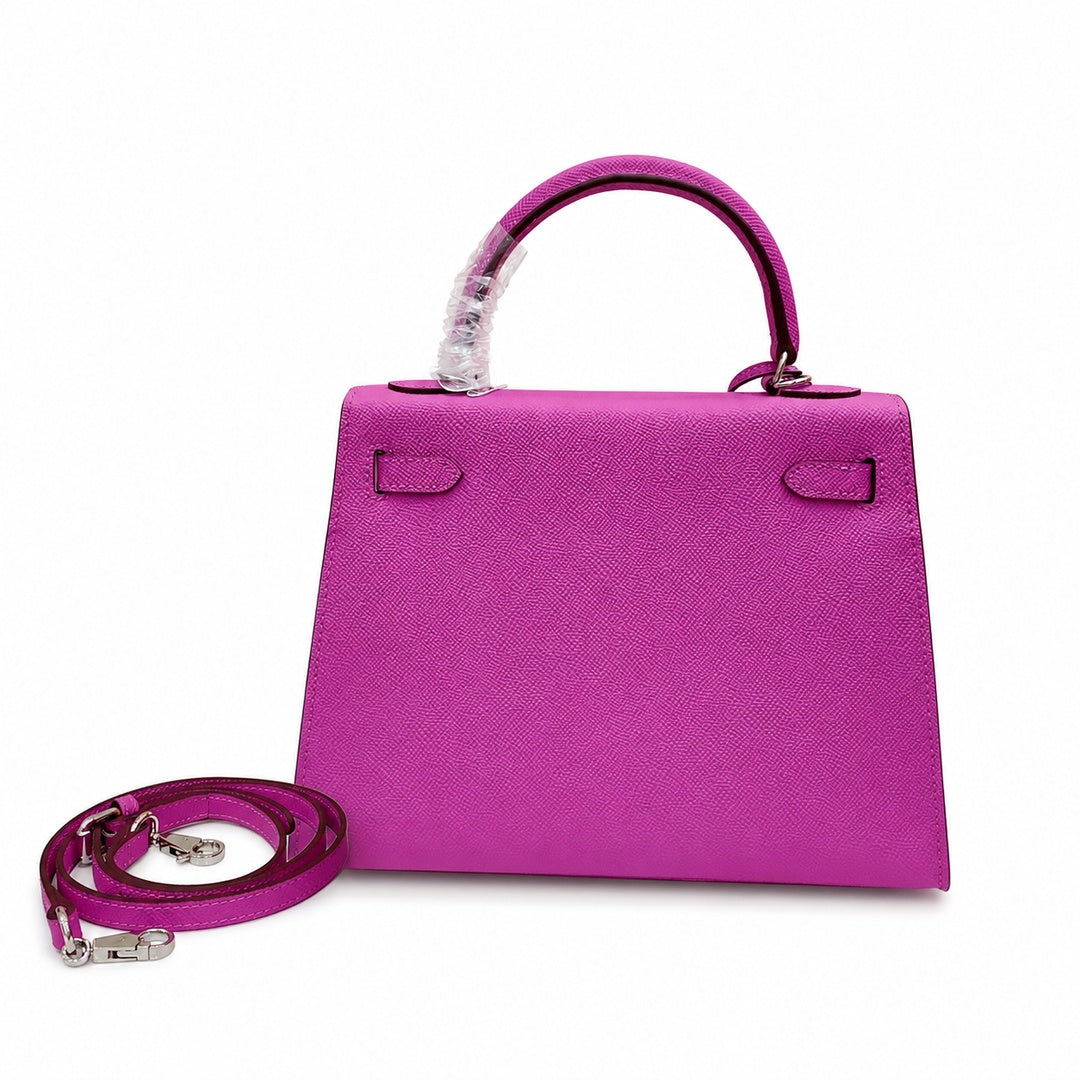 Kelly Sellier 25cm & 28cm Rose Pourpre Epsom Leather Gold Hardware & Palladium Hardware — Classic Hand-Carry Silhouette