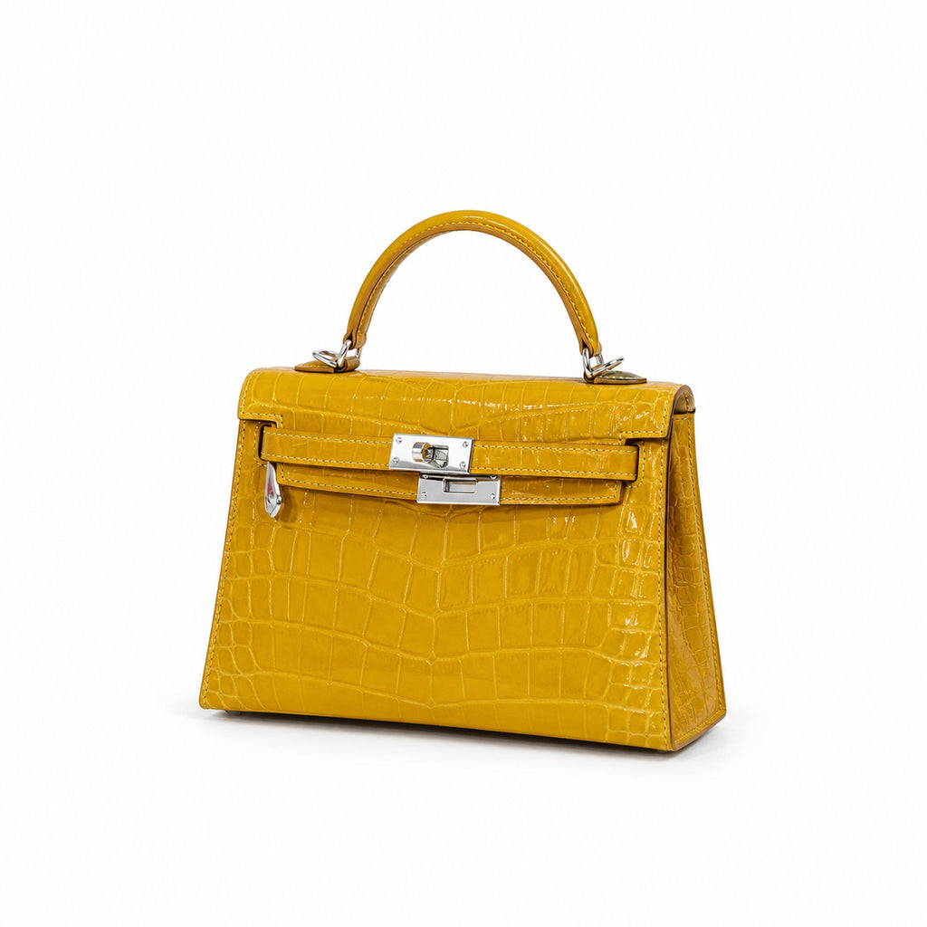 Kelly Sellier 19cm Jaune Ambre Shiny Crocodile Leather Gold Hardware & Palladium Hardware — Structured Top-Handle Handbag