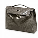 Kelly Pochette Gris Elephant Shiny Niloticus Crocodile Leather Palladium Hardware & Palladium Hardware Women Clutch Bag — Refined Small Hand-Carry Bag