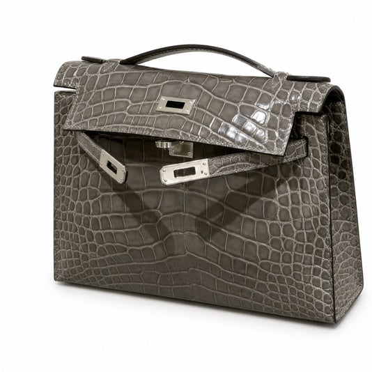 Kelly Pochette Gris Elephant Shiny Niloticus Crocodile Leather Palladium Hardware & Palladium Hardware Women Clutch Bag — Refined Small Hand-Carry Bag