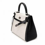Kelly 25cm Patchwork Canvas and Swift Leather in Black — Polished Structured Handbag