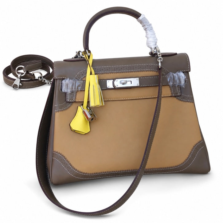 Kelly Sellier Ghillies 28cm Beige Poussière & Marron Foncé Barenia Leather Palladium Hardware — Timeless Top-Handle Design