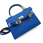 Mini Kelly II 19cm Sellier Bleu Electrique Ostrich Gold Hardware Luxury Crossbody — Compact Top-Handle Bag