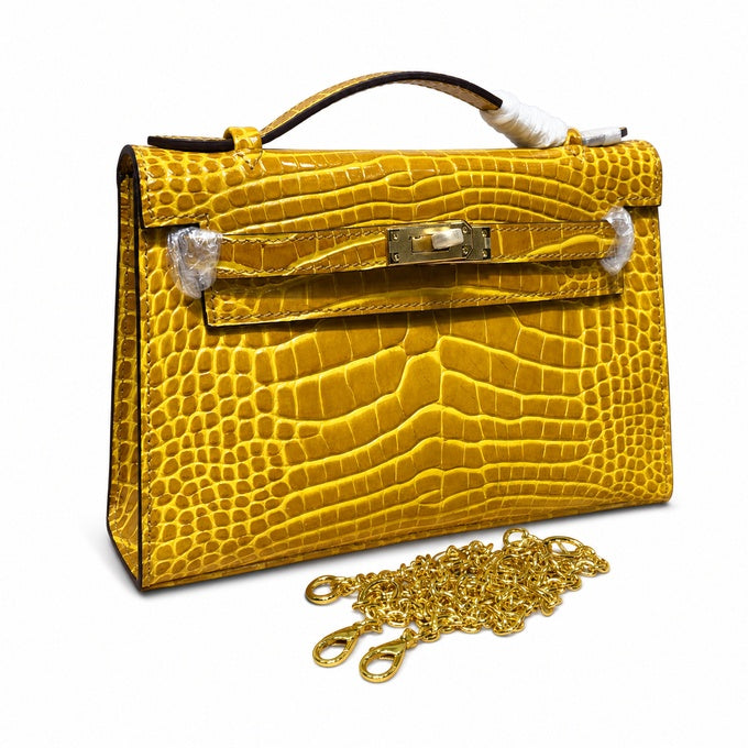 Kelly Pochette Jaune Ambre Shiny Niloticus Crocodile Leather Palladium Hardware Women Clutch Bag — Compact Pochette Clutch