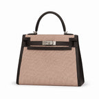Kelly 25cm Patchwork Canvas and Swift Leather in Deep Ebony — Versatile Structured Bag