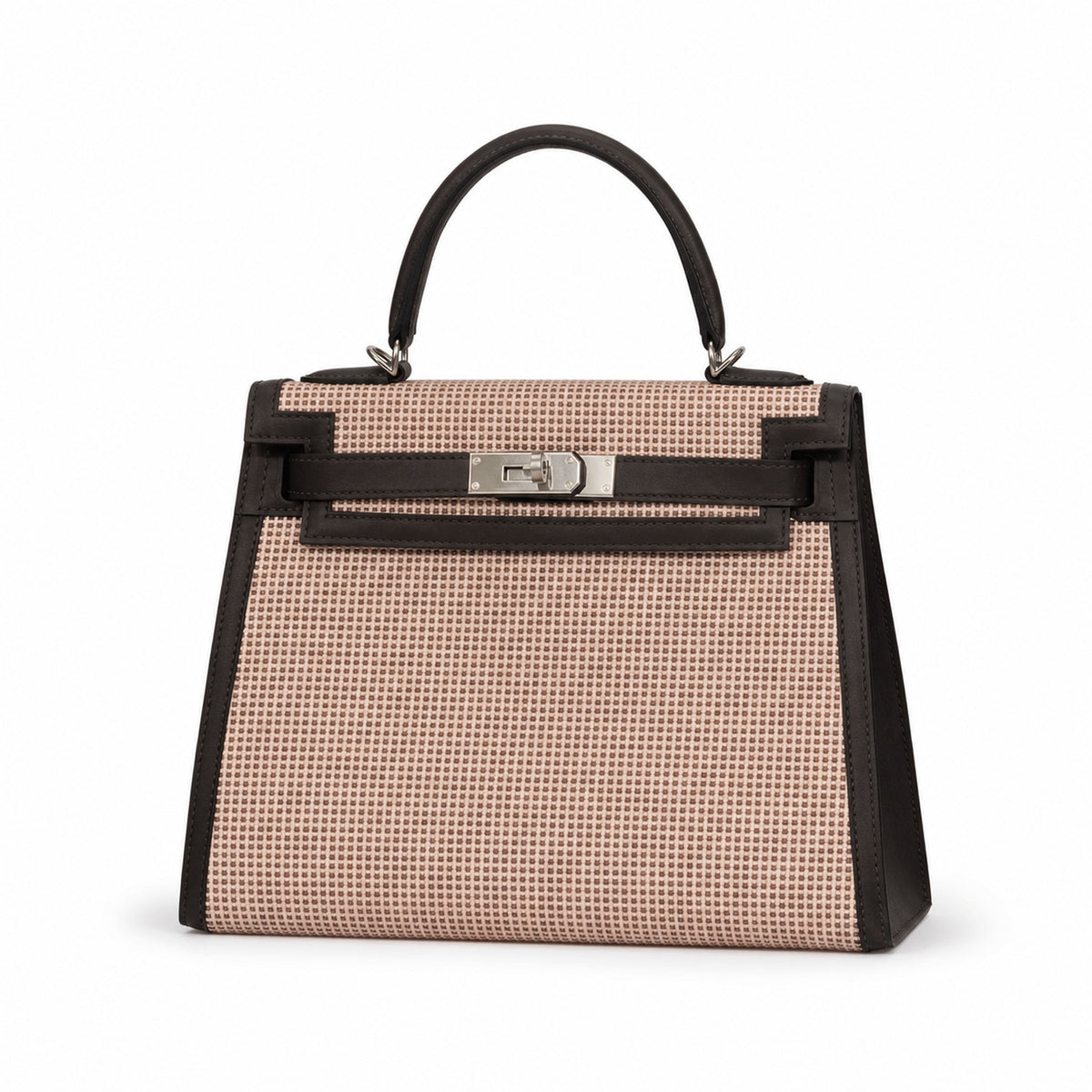 Kelly 25cm Patchwork Canvas and Swift Leather in Deep Ebony — Versatile Structured Bag