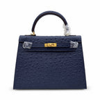 elly Sellier 25cm Bleu Nuit Ostrich Gold Hardware Luxury Commute — Timeless Top-Handle Design