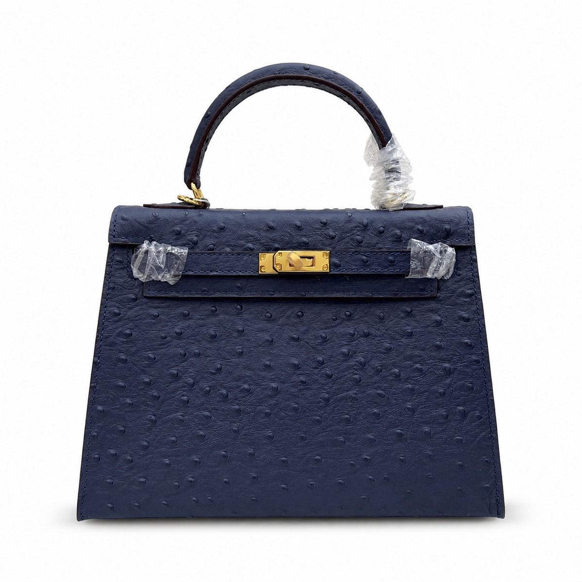 elly Sellier 25cm Bleu Nuit Ostrich Gold Hardware Luxury Commute — Timeless Top-Handle Design