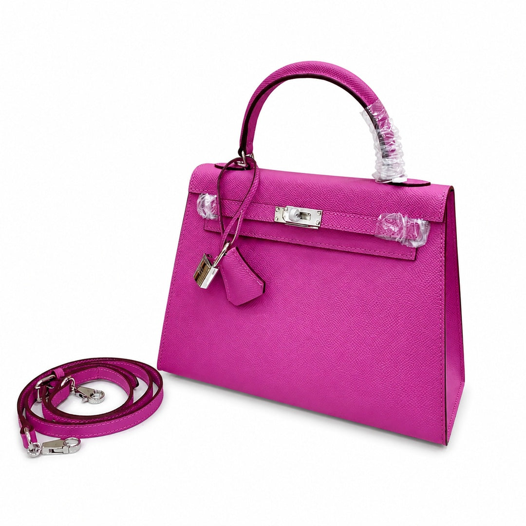 Kelly Sellier 25cm & 28cm Rose Pourpre Epsom Leather Gold Hardware & Palladium Hardware — Classic Hand-Carry Silhouette