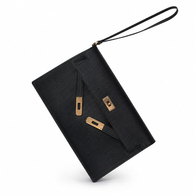 Kelly Elan 25x6.5x15cm Underarm Baguette Bag in Black with Gold Hardware — Streamlined Elan Carry Design