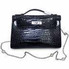 Kelly Pochette Noir Shiny Niloticus Crocodile Leather Palladium Hardware & Palladium Hardware Women Clutch Bag — Elegant Petite Clutch