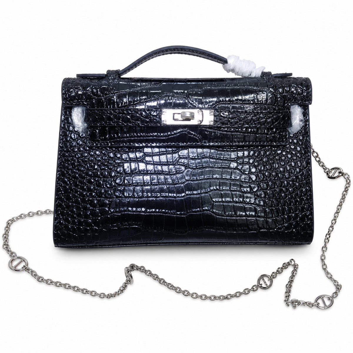 Kelly Pochette Noir Shiny Niloticus Crocodile Leather Palladium Hardware & Palladium Hardware Women Clutch Bag — Elegant Petite Clutch