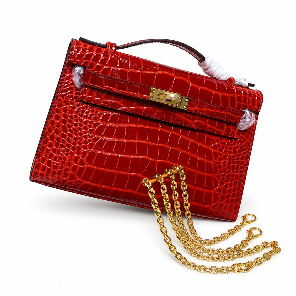 Kelly Pochette Rouge Casa Shiny Niloticus Crocodile Leather Gold Hardware Women Clutch Bag — Elegant Petite Clutch
