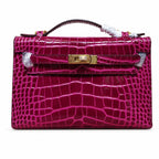 Kelly Pochette Fuchsia Shiny Niloticus Crocodile Leather Gold Hardware Women Clutch Bag — Polished Compact Shoulder Style