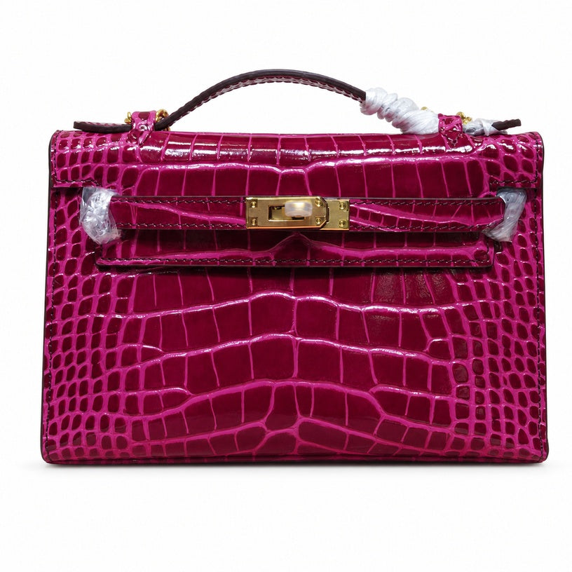 Kelly Pochette Fuchsia Shiny Niloticus Crocodile Leather Gold Hardware Women Clutch Bag — Polished Compact Shoulder Style