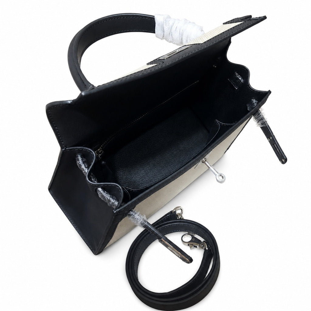 Kelly 25cm Patchwork Canvas and Swift Leather in Black — Polished Structured Handbag