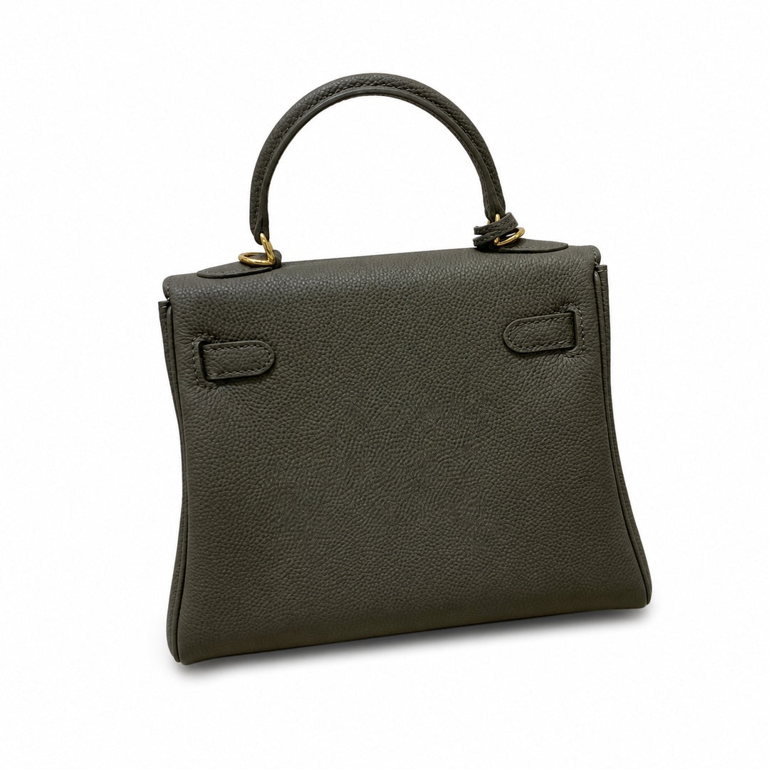 Kelly Sellier 20cm & 25cm & 28cm Gris Asphalte Togo Leather Gold Hardware — Polished Structured Handbag