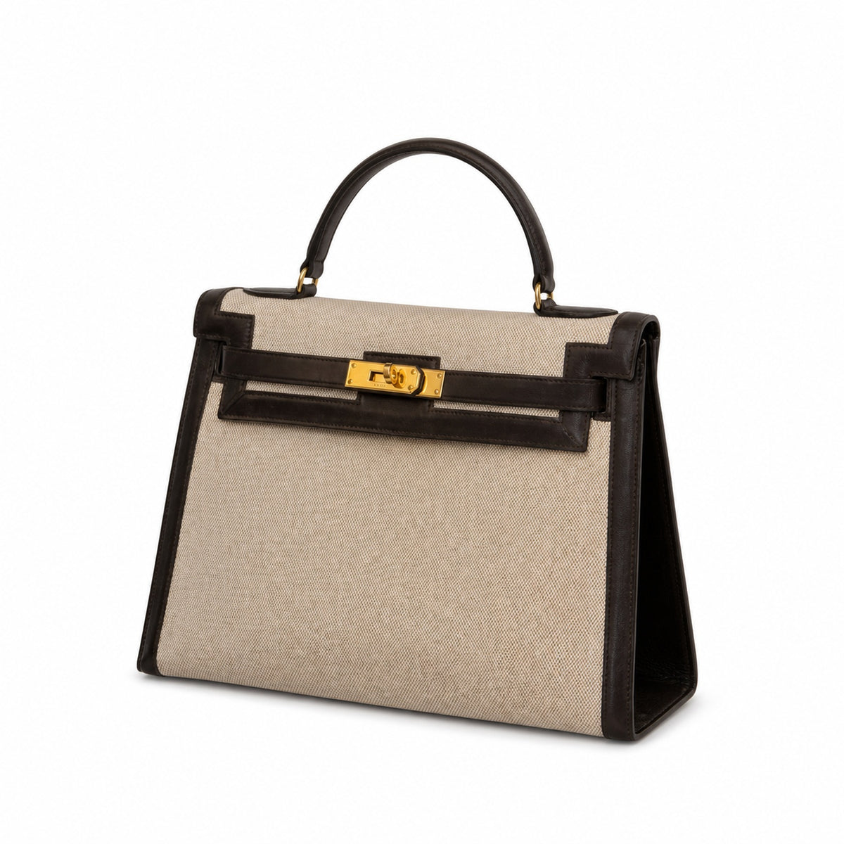 Kelly 25cm Patchwork Canvas and Swift Leather in Deep Ebony — Versatile Structured Bag