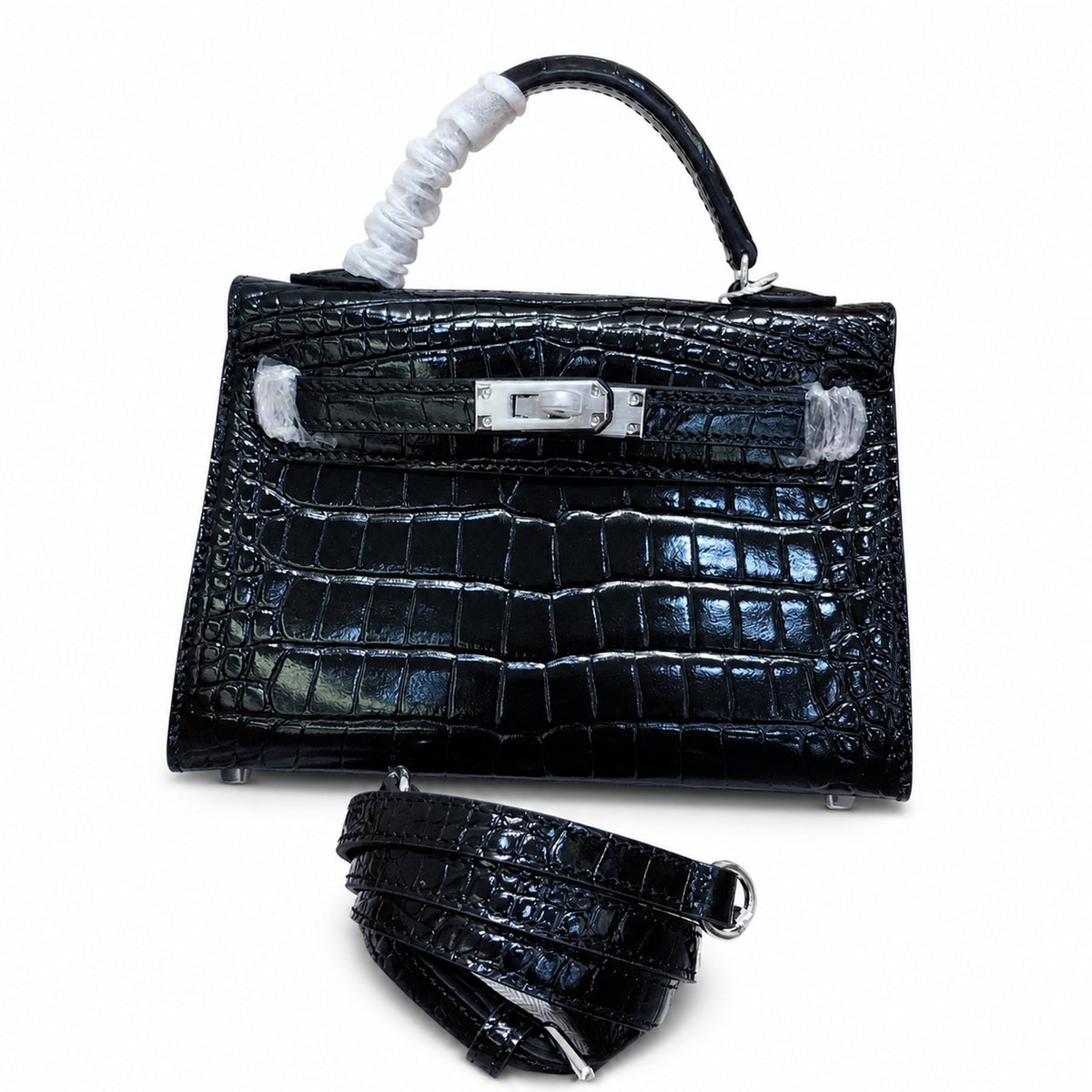 Kelly Sellier 19cm Noir Shiny Crocodile Leather Gold Hardware & Palladium Hardware — Sophisticated Carry Design