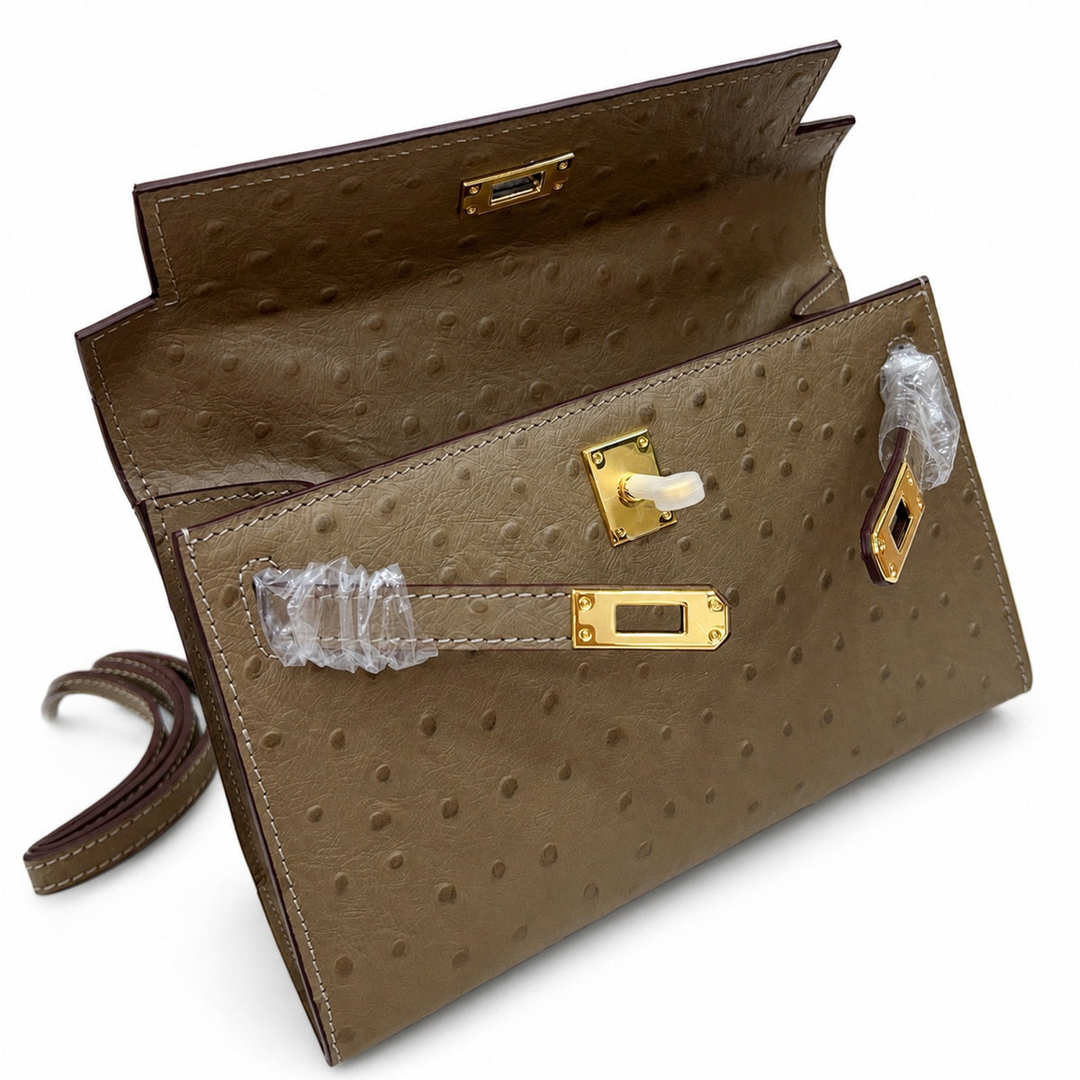 Mini Kelly II Sellier 19cm & 22cm Etoupe Ostrich Leather Gold Hardware — Elegant Compact Carry Style