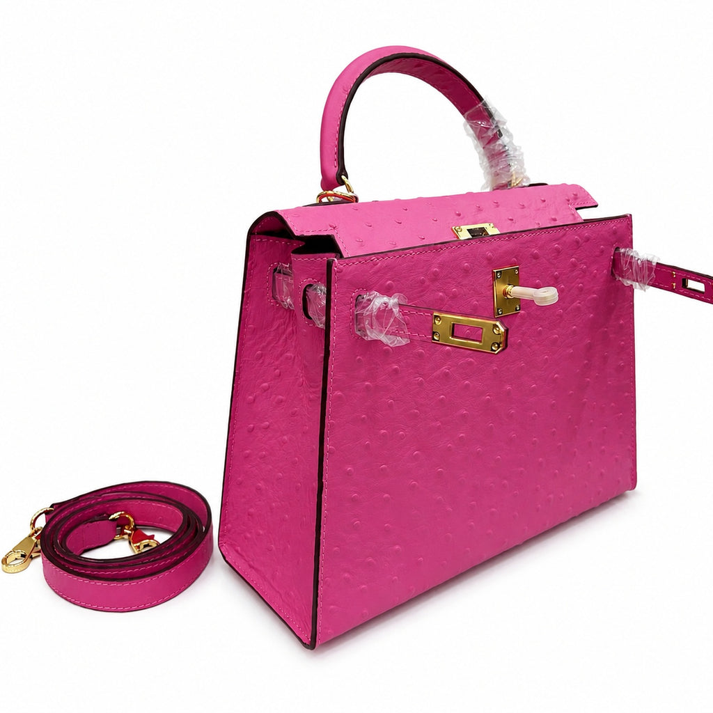 Kelly Sellier 25cm Rose Tyrien Ostrich Gold Hardware Designer Crossbody Tote — Elegant Structured Carry Style