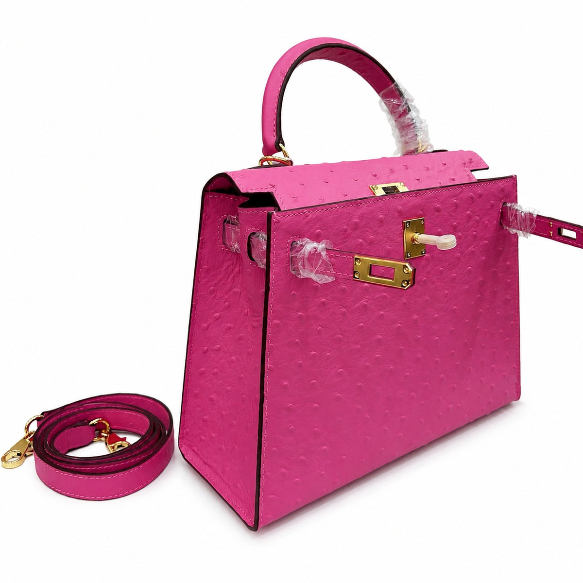Kelly Sellier 25cm Rose Tyrien Ostrich Gold Hardware Designer Crossbody Tote — Elegant Structured Carry Style