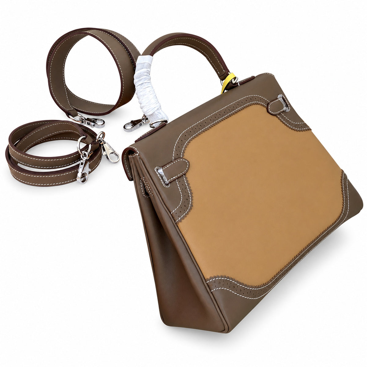 Kelly Sellier Ghillies 28cm Beige Poussière & Marron Foncé Barenia Leather Palladium Hardware — Timeless Top-Handle Design