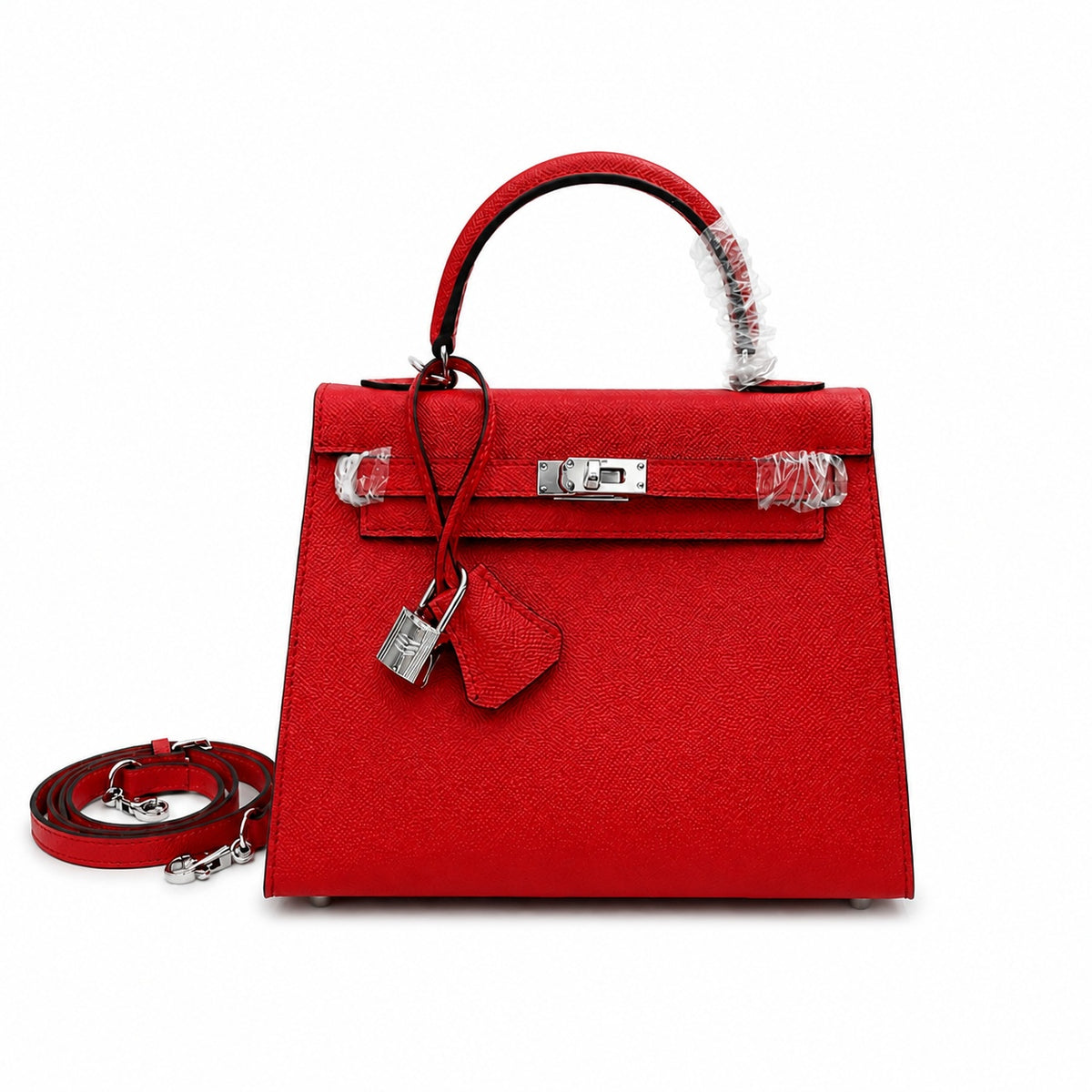 Kelly Sellier 25cm & 28cm Rouge Casaque Epsom Leather Palladium Hardware Crossbody — Polished Structured Handbag