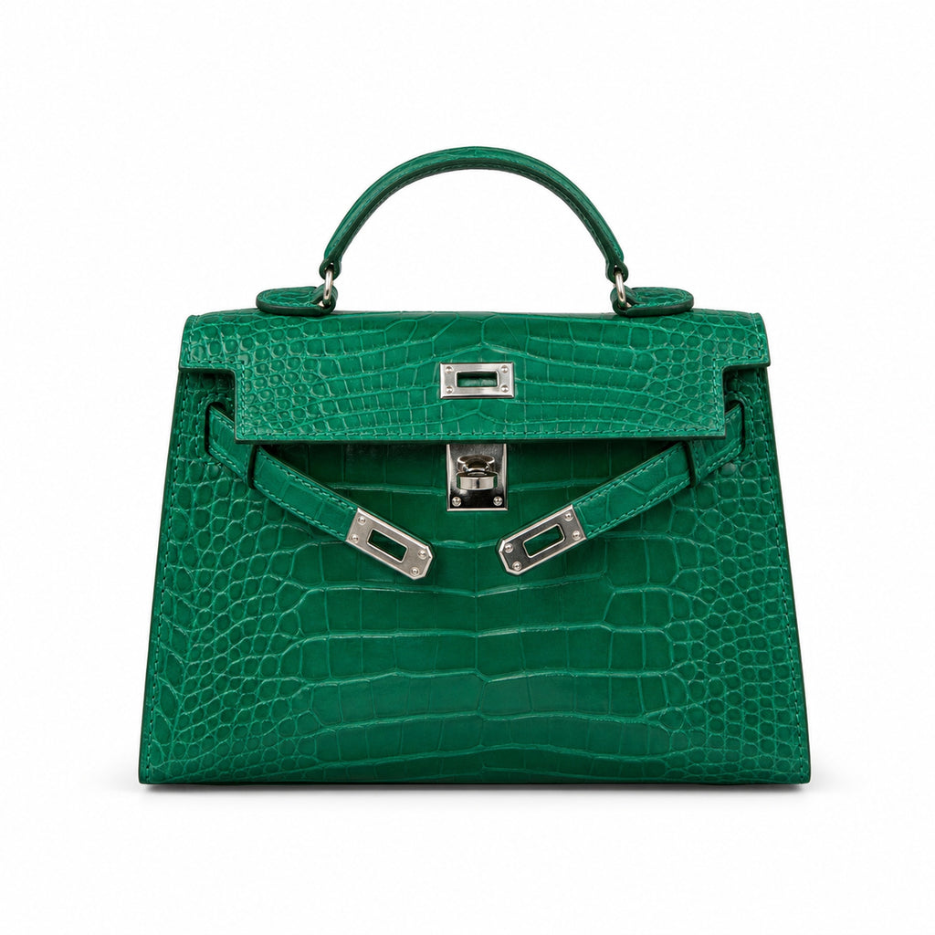 Kelly Pochette Vert Emeraude Shiny Niloticus Crocodile Leather Palladium Hardware Women Clutch Bag — Refined Small Hand-Carry Bag