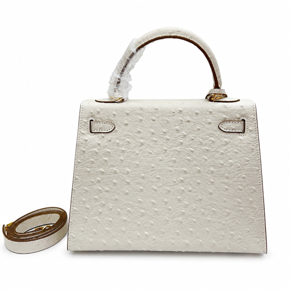 Kelly Sellier 25cm Craie Ostrich Gold Hardware Premium Women Shoulder Purse — Streamlined Top-Handle Handbag