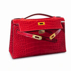 Kelly Pochette Rouge Casa Shiny Niloticus Crocodile Leather Gold Hardware Women Clutch Bag — Elegant Petite Clutch